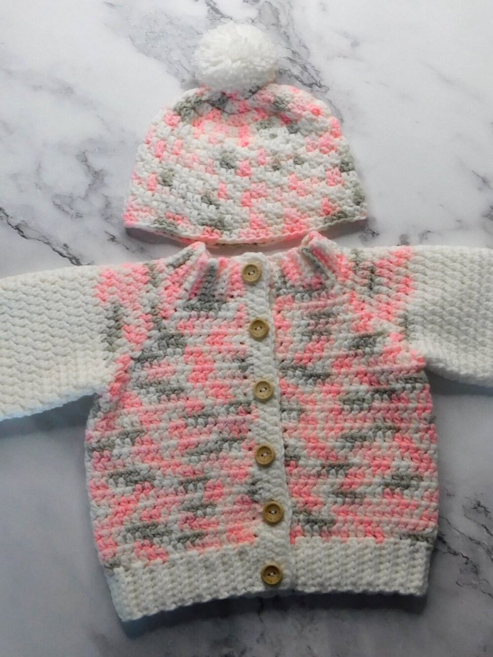 Crochet Baby Cardigan & Hat Set, Pink and Gray, Handmade Sweater